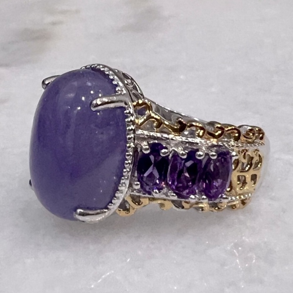Burmese Purple Jade Amethyst 14K YG Sterling Silver Statement Ring - Picture 3 of 11